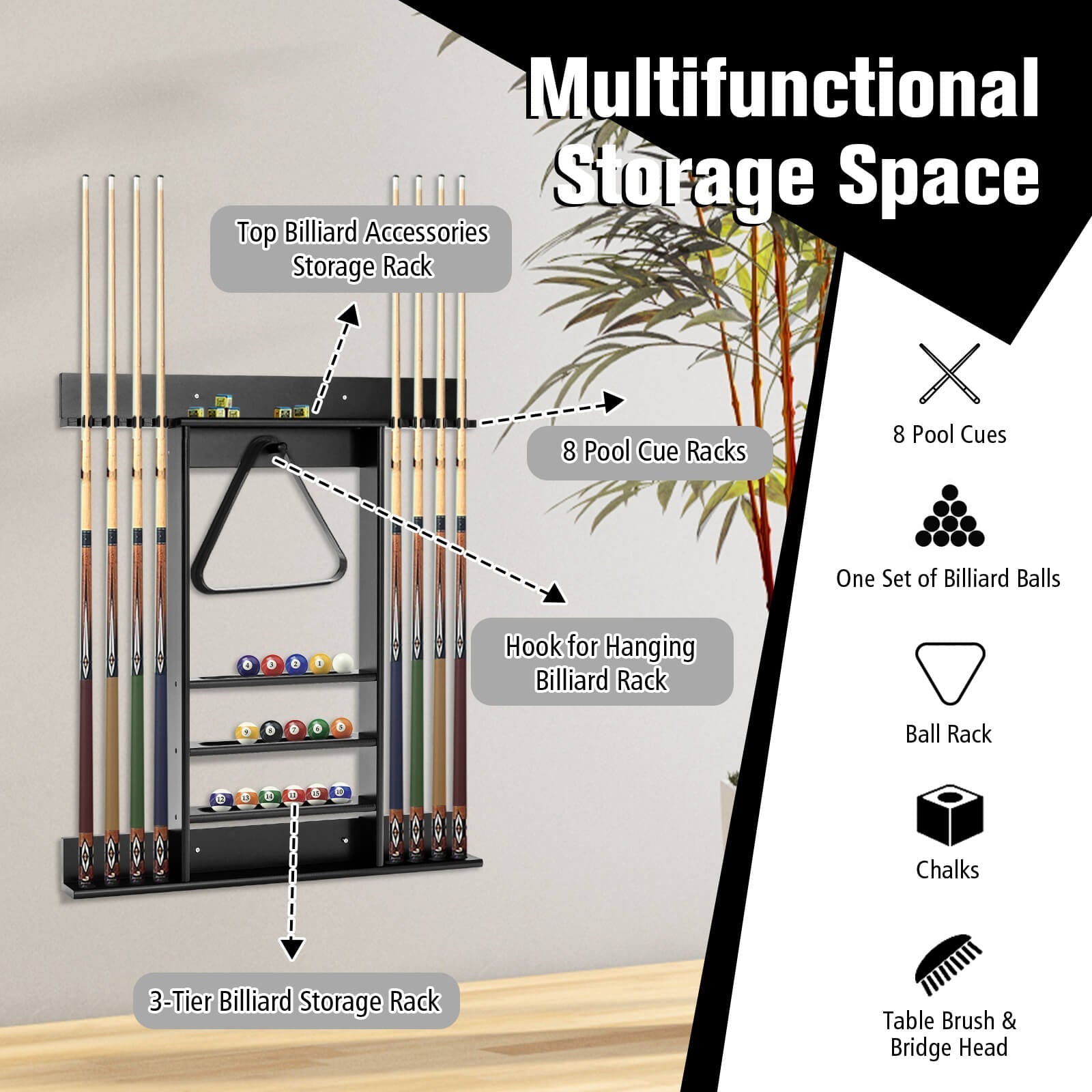 Wall-mounted Billiards Pool Cue Rack Only