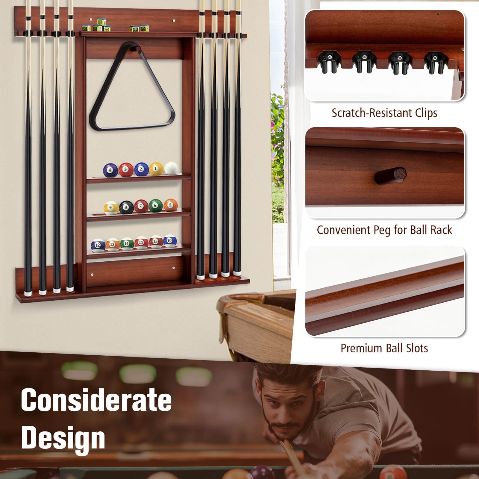 Wall-mounted Billiards Pool Cue Rack Only
